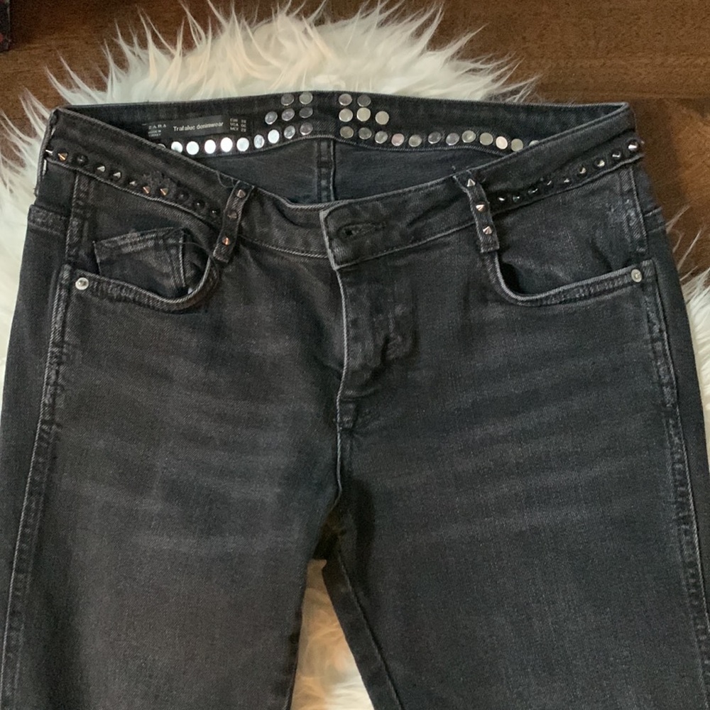Zara trafaluc black studded & frayed distressed denim, chewed hems, black denim - Picture 10 of 16
